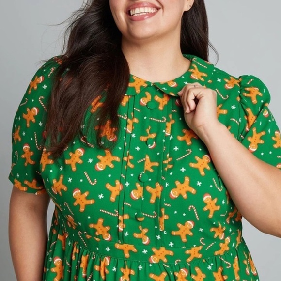 ModCloth Dress Green Brown Gingerbread Print 6 Peter Pan Collar Tags Still On - Picture 3 of 16